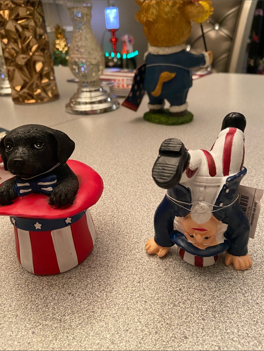 Patriotic Black Puppy & Gnome Figurine Pair - Red, White & Blue